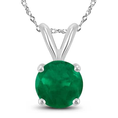14K White Gold 4MM Round Emerald Pendant