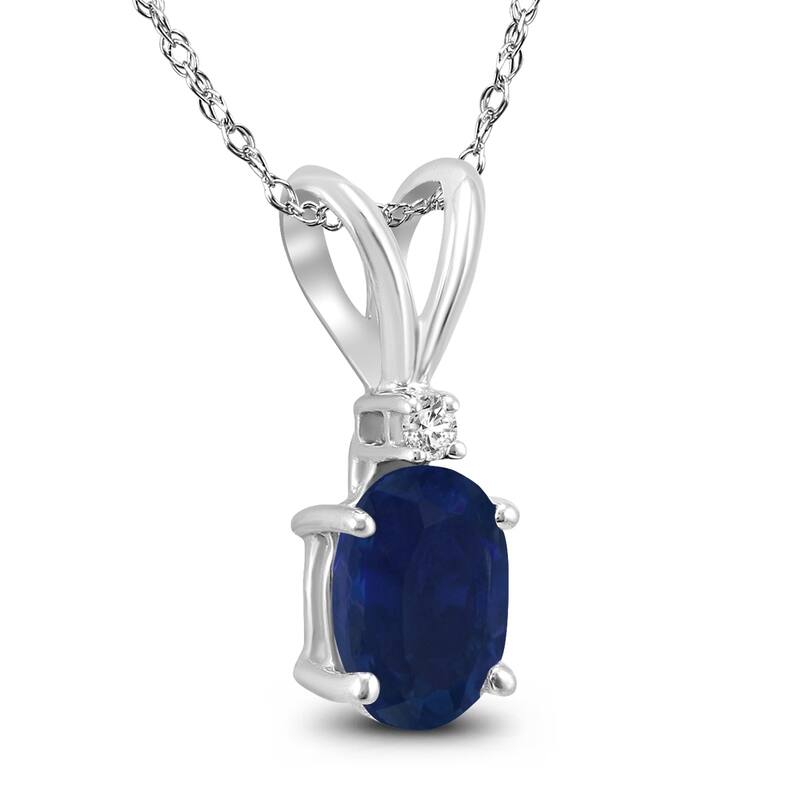 14K White Gold 5x3MM Oval Sapphire and Diamond Pendant