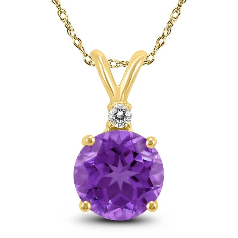 14K Yellow Gold 5MM Round Amethyst and Diamond Pendant