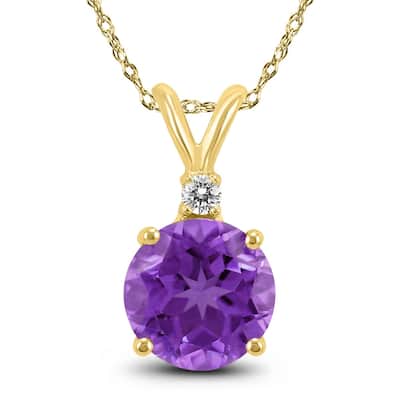 14K Yellow Gold 5MM Round Amethyst and Diamond Pendant