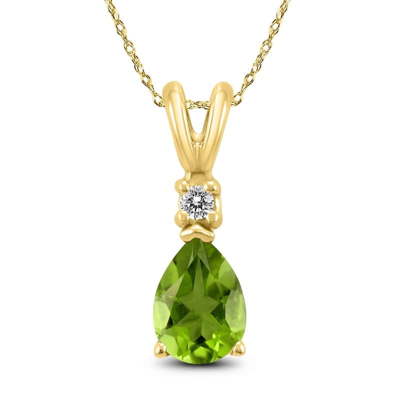 14K Yellow Gold 6x4MM Pear Peridot and Diamond Pendant