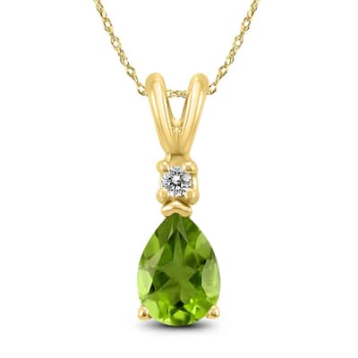 14K Yellow Gold 6x4MM Pear Peridot and Diamond Pendant