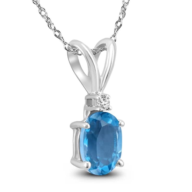 14K White Gold 7x5MM Oval Blue Topaz and Diamond Pendant