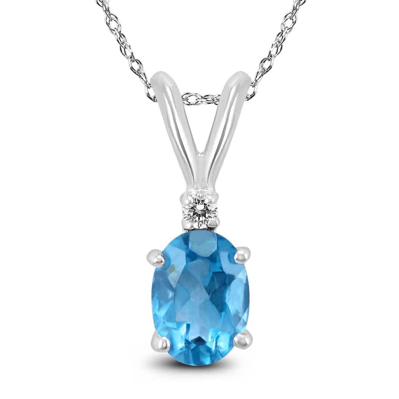 14K White Gold 7x5MM Oval Blue Topaz and Diamond Pendant