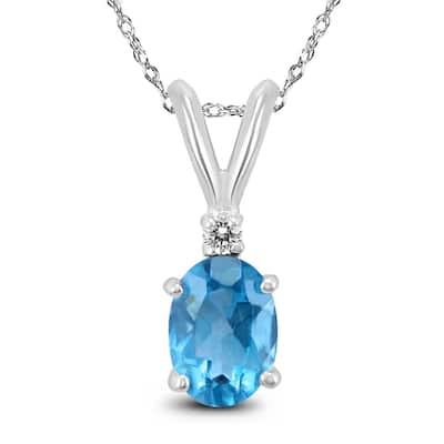 14K White Gold 7x5MM Oval Blue Topaz and Diamond Pendant
