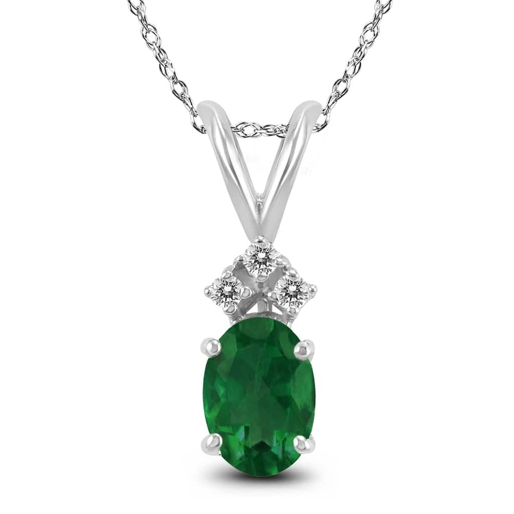 14K White Gold 6x4MM Oval Emerald and Diamond Pendant