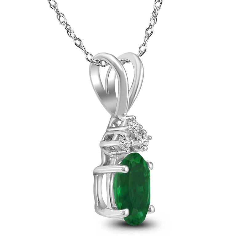 14K White Gold 6x4MM Oval Emerald and Diamond Pendant