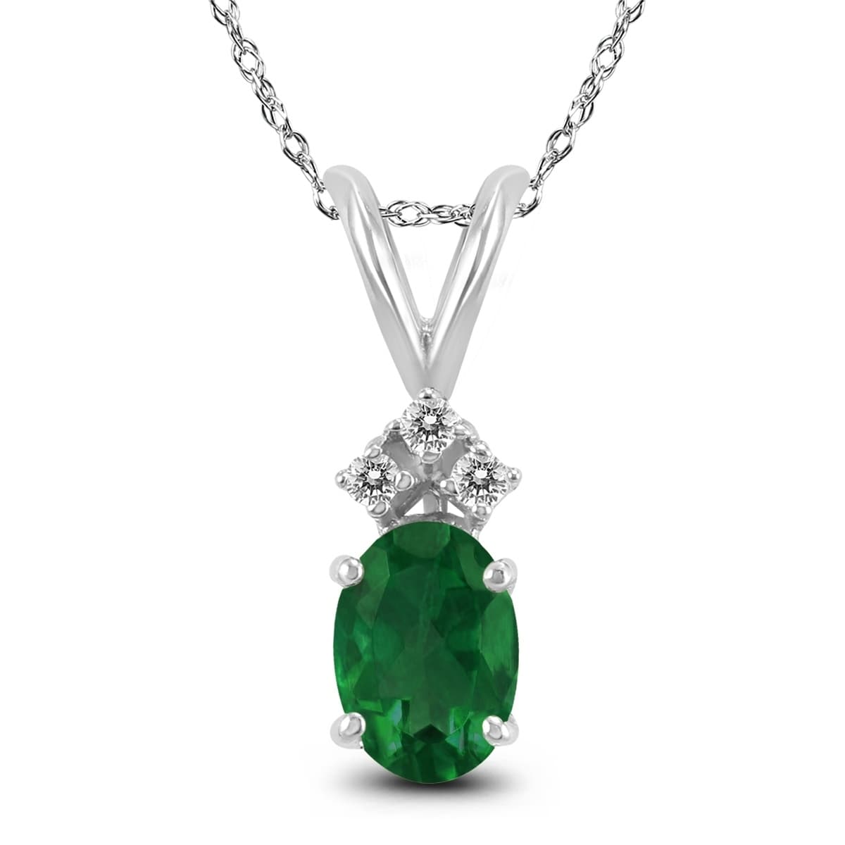 14K White Gold 6x4MM Oval Emerald and Diamond Pendant