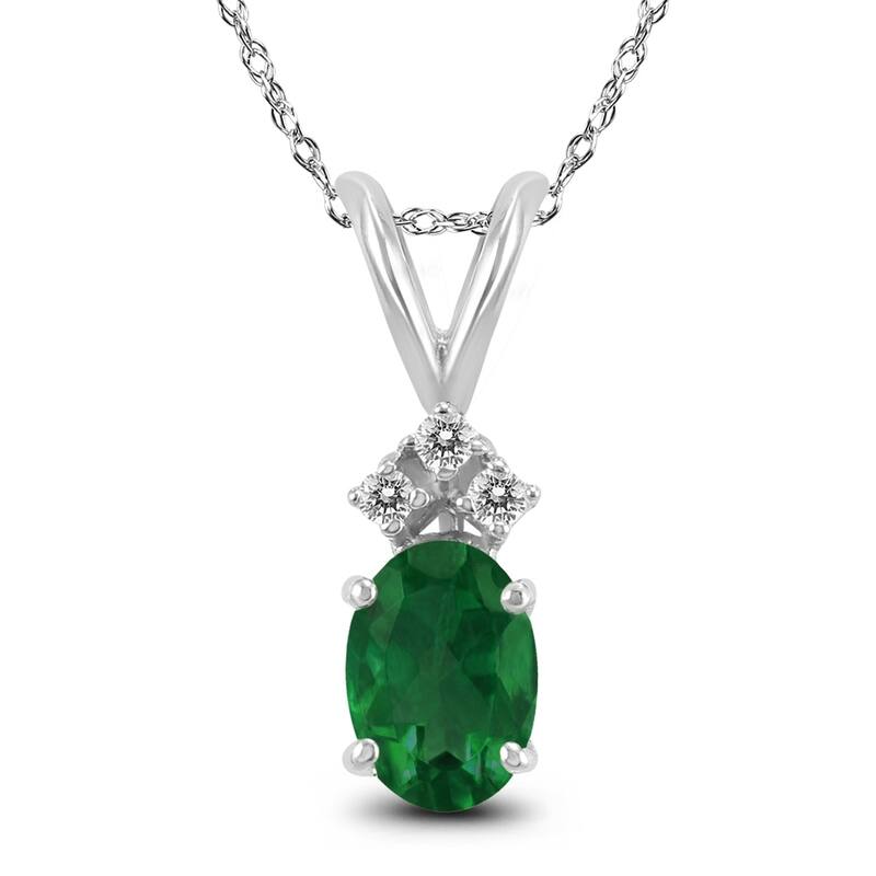 14K White Gold 6x4MM Oval Emerald and Diamond Pendant