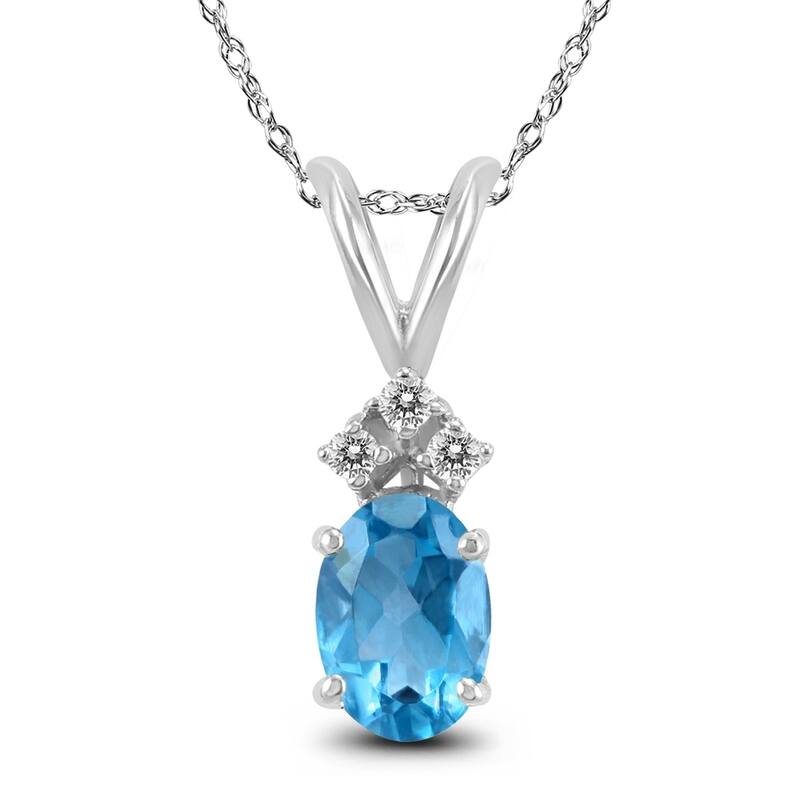 14K White Gold 8x6MM Oval Blue Topaz and Diamond Pendant
