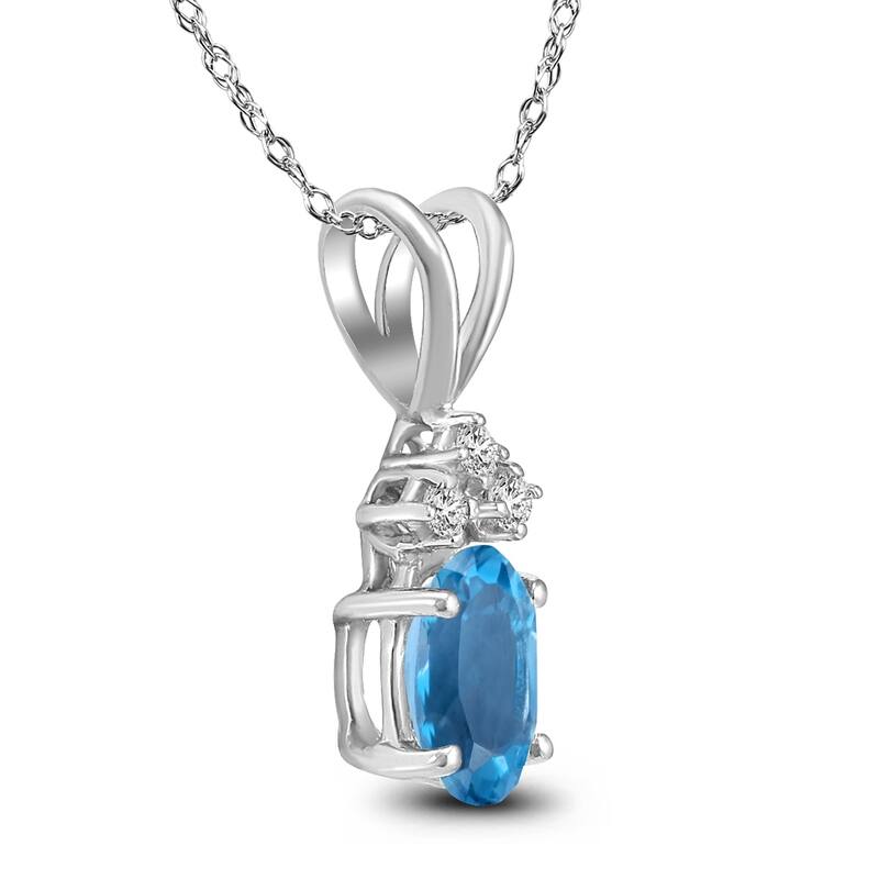 14K White Gold 8x6MM Oval Blue Topaz and Diamond Pendant