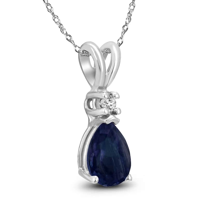 14K White Gold 5x3MM Pear Sapphire and Diamond Pendant