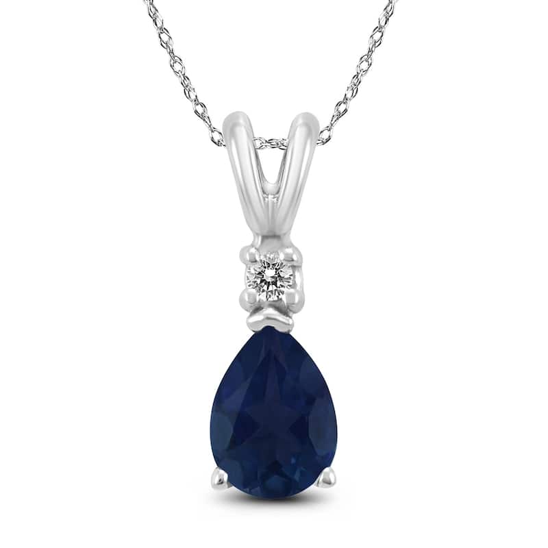 14K White Gold 5x3MM Pear Sapphire and Diamond Pendant