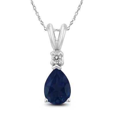 14K White Gold 5x3MM Pear Sapphire and Diamond Pendant