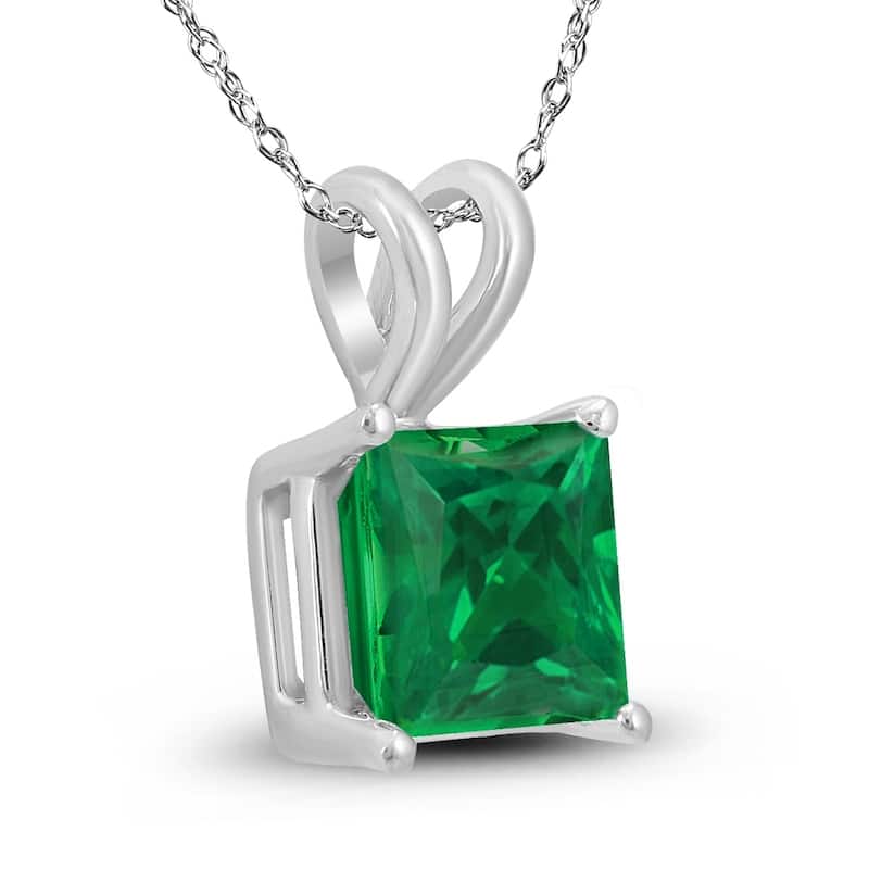 14K White Gold 4MM Square Emerald Pendant