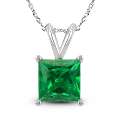 14K White Gold 4MM Square Emerald Pendant
