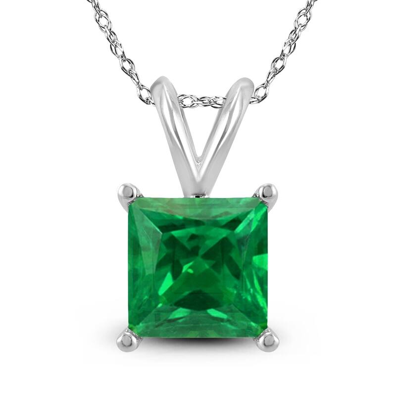 14K White Gold 4MM Square Emerald Pendant