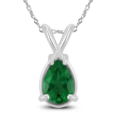 14K White Gold 6x4MM Pear Emerald Pendant