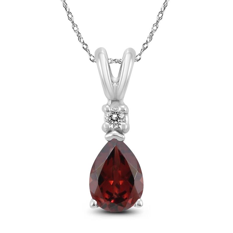 14K White Gold 8x6MM Pear Garnet and Diamond Pendant