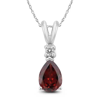 14K White Gold 8x6MM Pear Garnet and Diamond Pendant