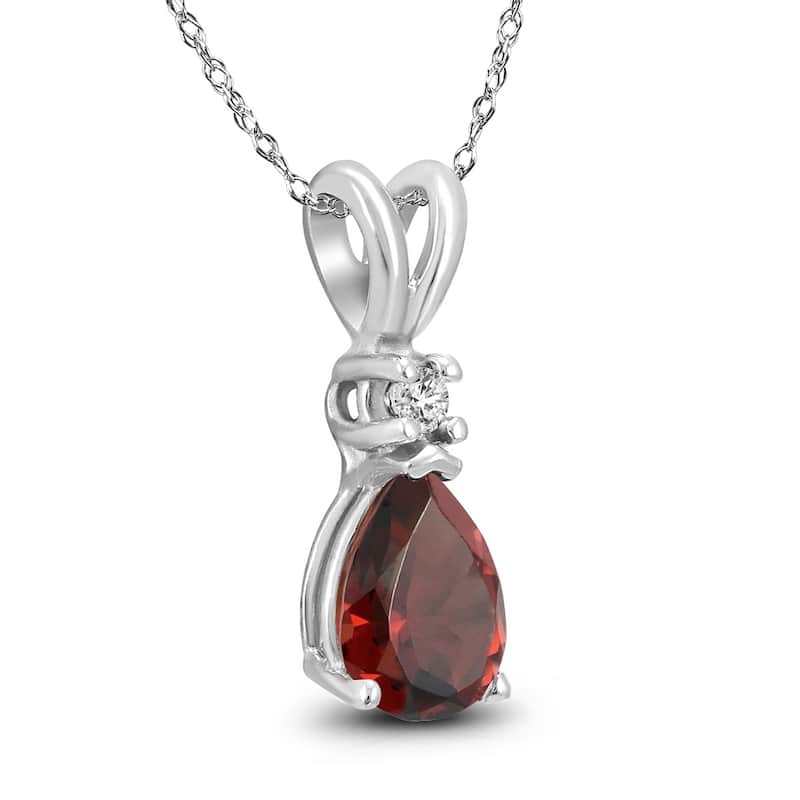 14K White Gold 8x6MM Pear Garnet and Diamond Pendant