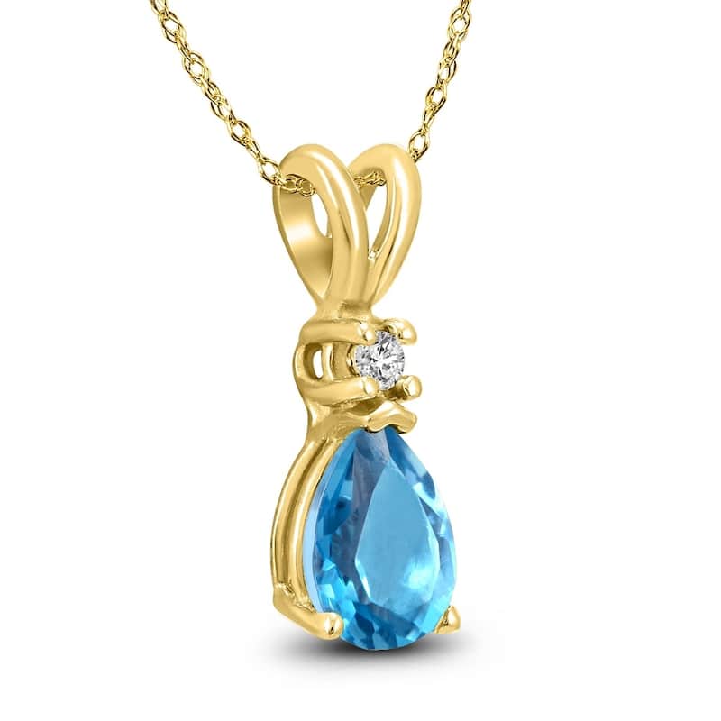 14K Yellow Gold 6x4MM Pear Blue Topaz and Diamond Pendant