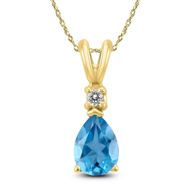 14K Yellow Gold 6x4MM Pear Blue Topaz and Diamond Pendant