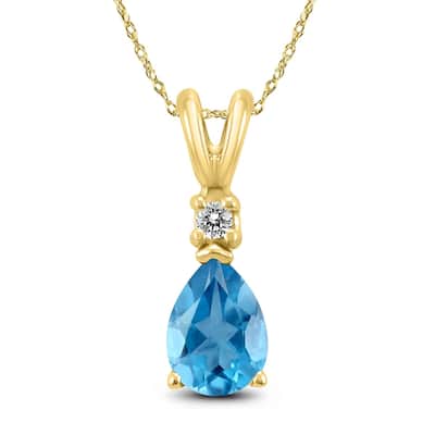 14K Yellow Gold 6x4MM Pear Blue Topaz and Diamond Pendant