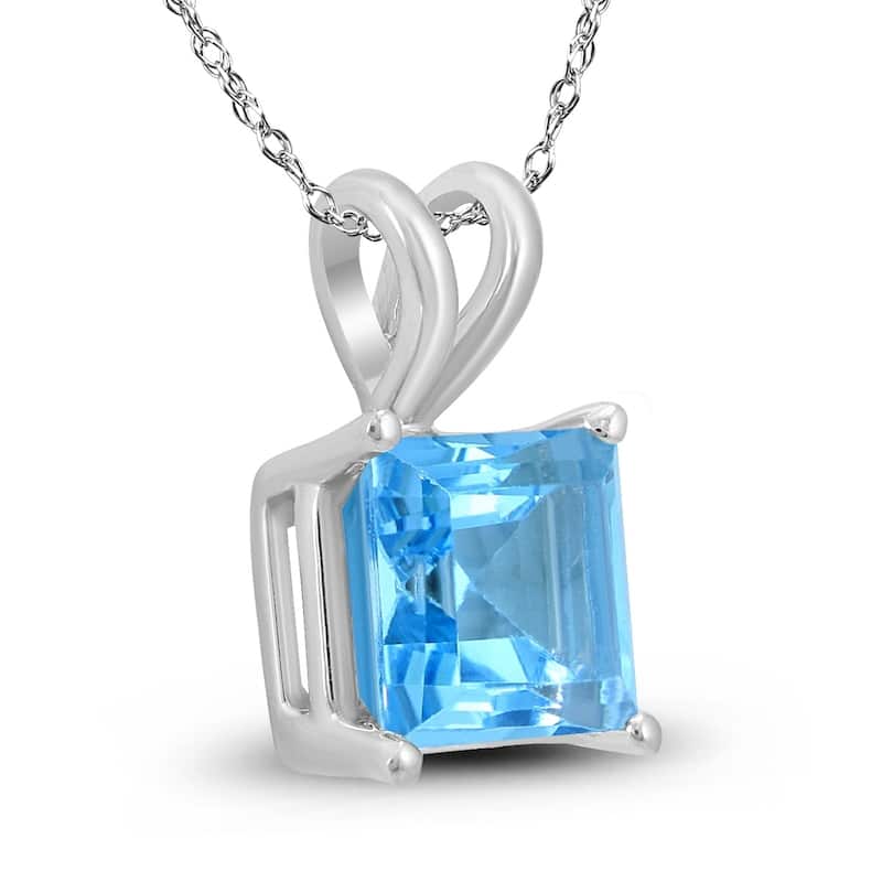 14K White Gold 5MM Square Blue Topaz Pendant
