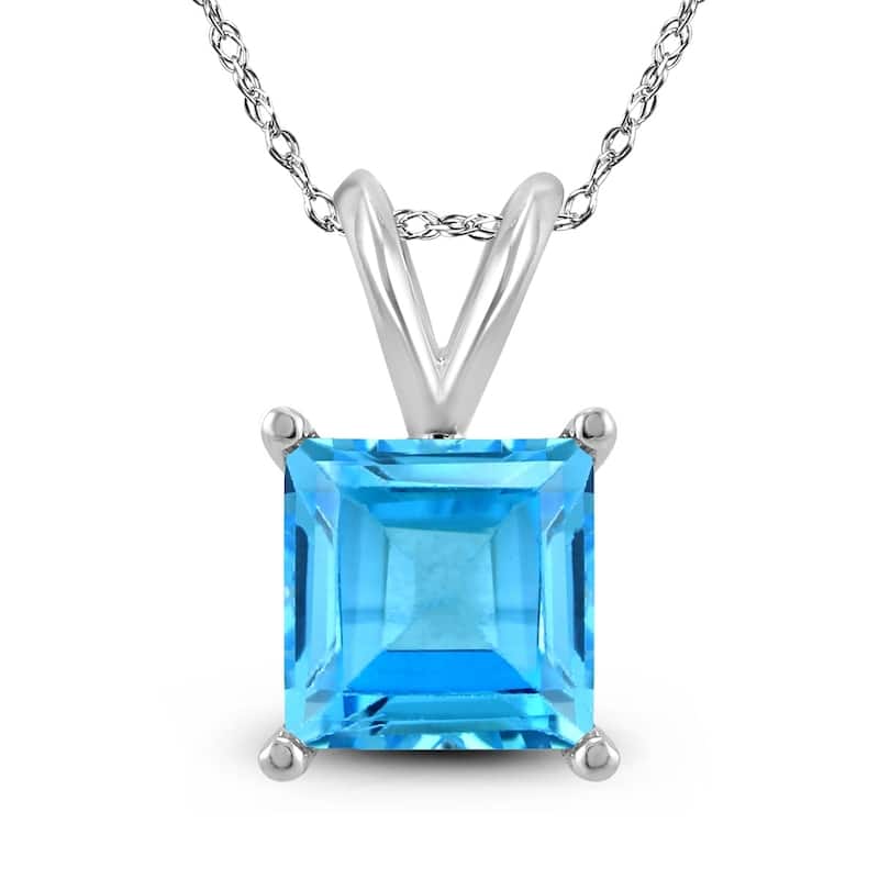 14K White Gold 5MM Square Blue Topaz Pendant