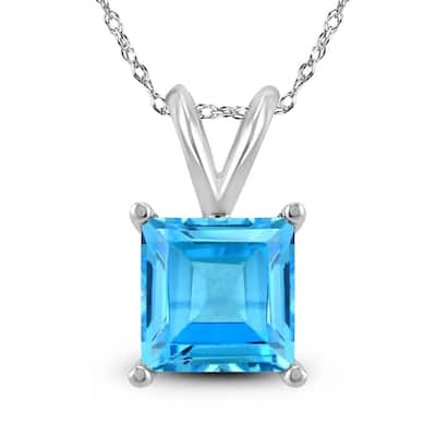 14K White Gold 5MM Square Blue Topaz Pendant