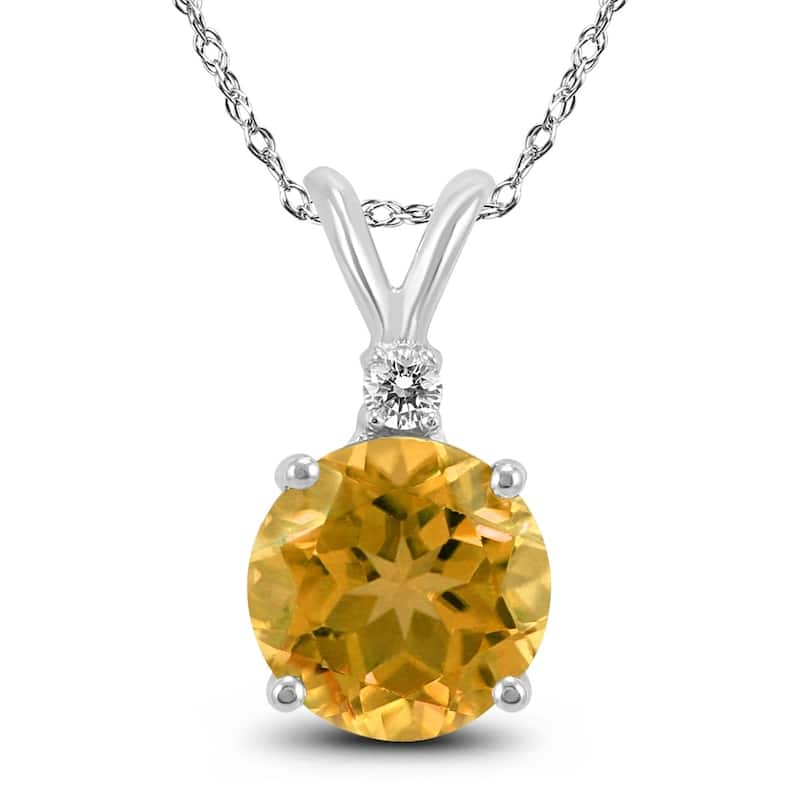 14K White Gold 6MM Round Citrine and Diamond Pendant