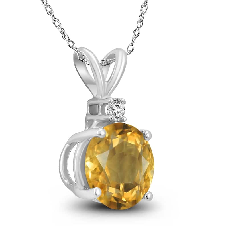 14K White Gold 6MM Round Citrine and Diamond Pendant