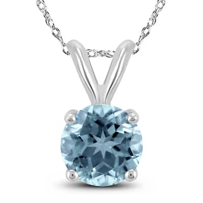 14K White Gold 5MM Round Aquamarine Pendant