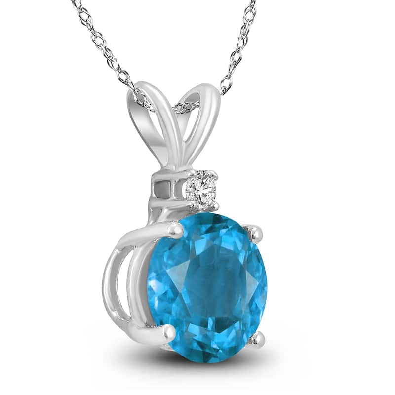 14K White Gold 5MM Round Blue Topaz and Diamond Pendant