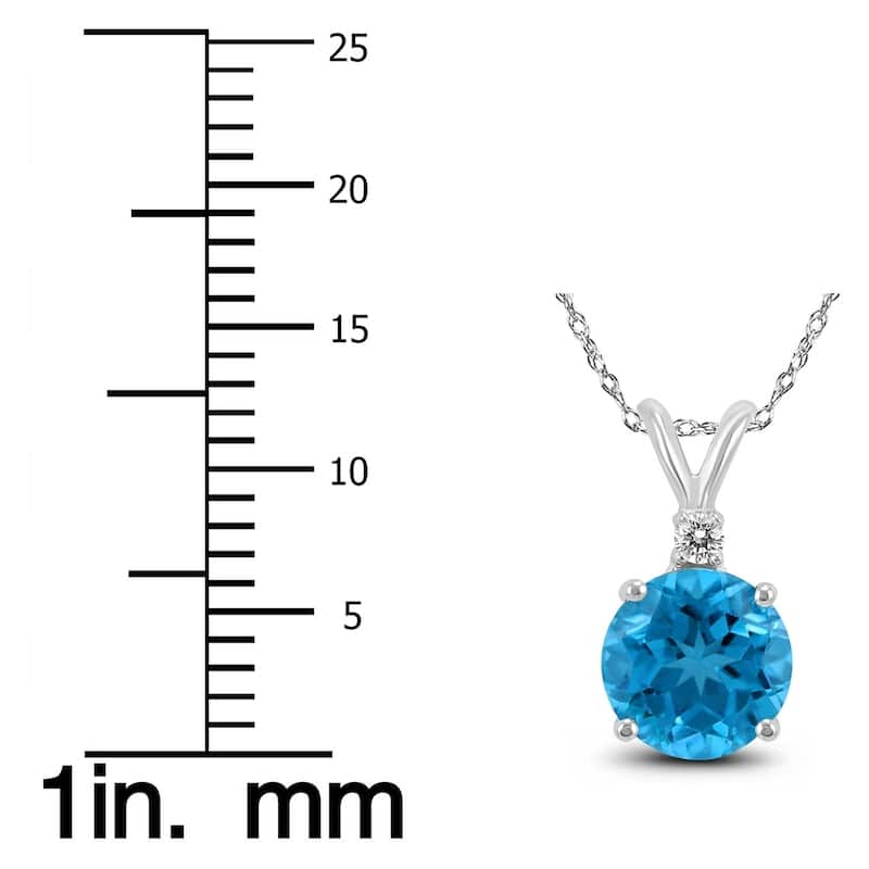 14K White Gold 5MM Round Blue Topaz and Diamond Pendant