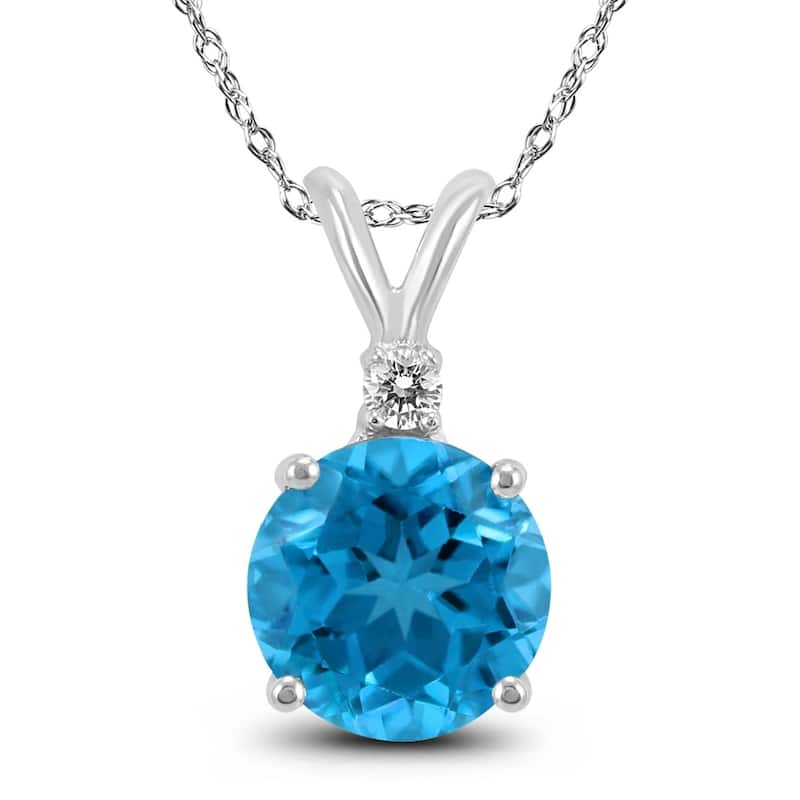 14K White Gold 5MM Round Blue Topaz and Diamond Pendant
