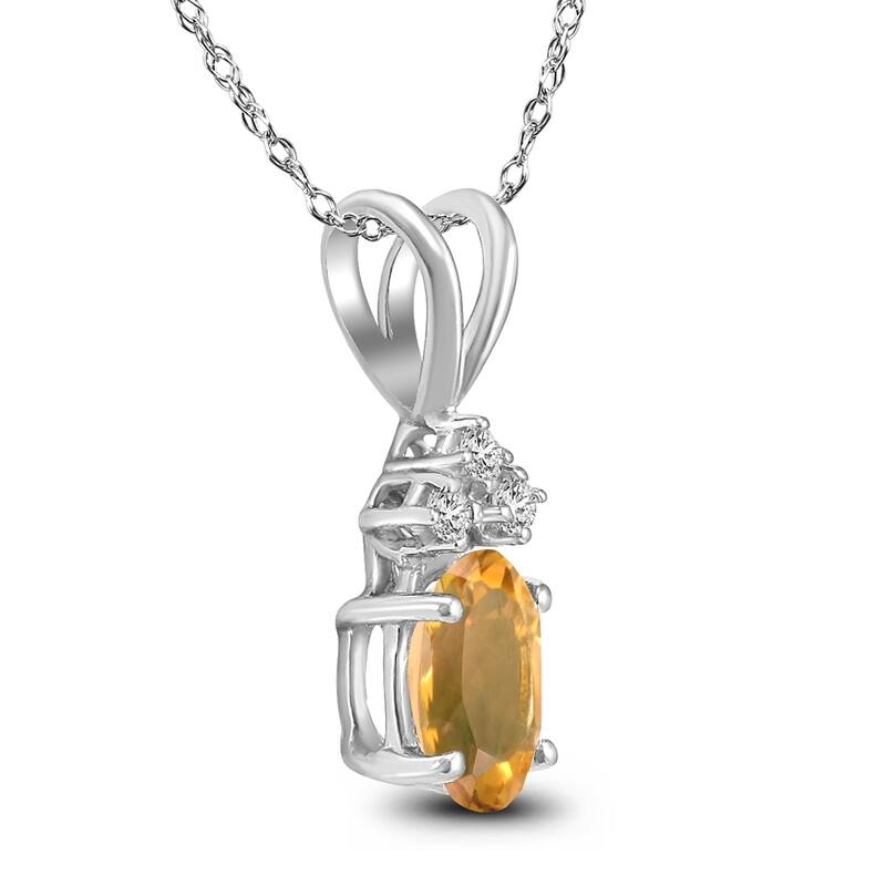 14K White Gold 7x5MM Oval Citrine and Diamond Pendant