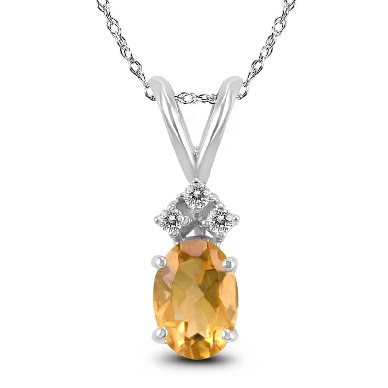 14K White Gold 7x5MM Oval Citrine and Diamond Pendant