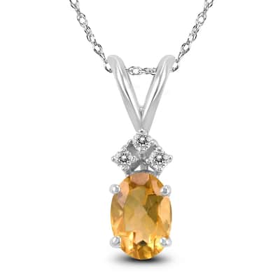 14K White Gold 7x5MM Oval Citrine and Diamond Pendant