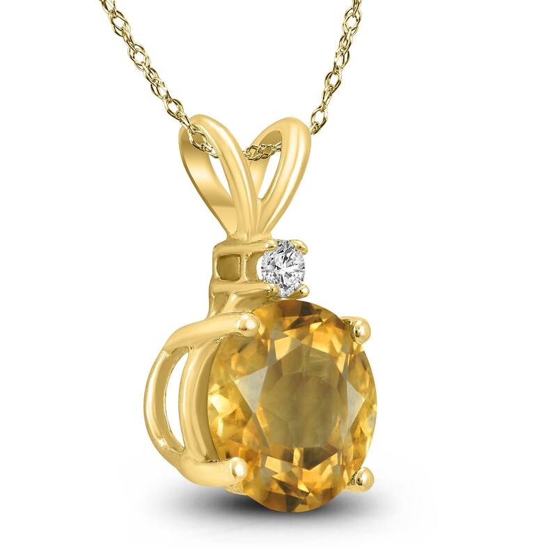 14K Yellow Gold 5MM Round Citrine and Diamond Pendant