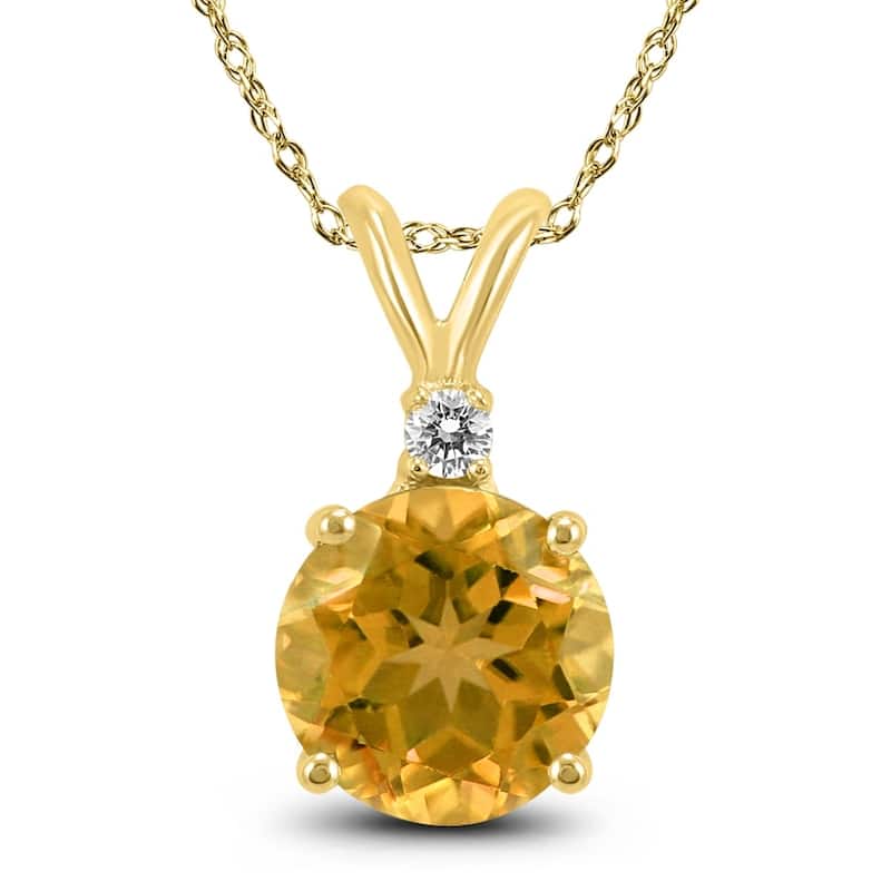 14K Yellow Gold 5MM Round Citrine and Diamond Pendant