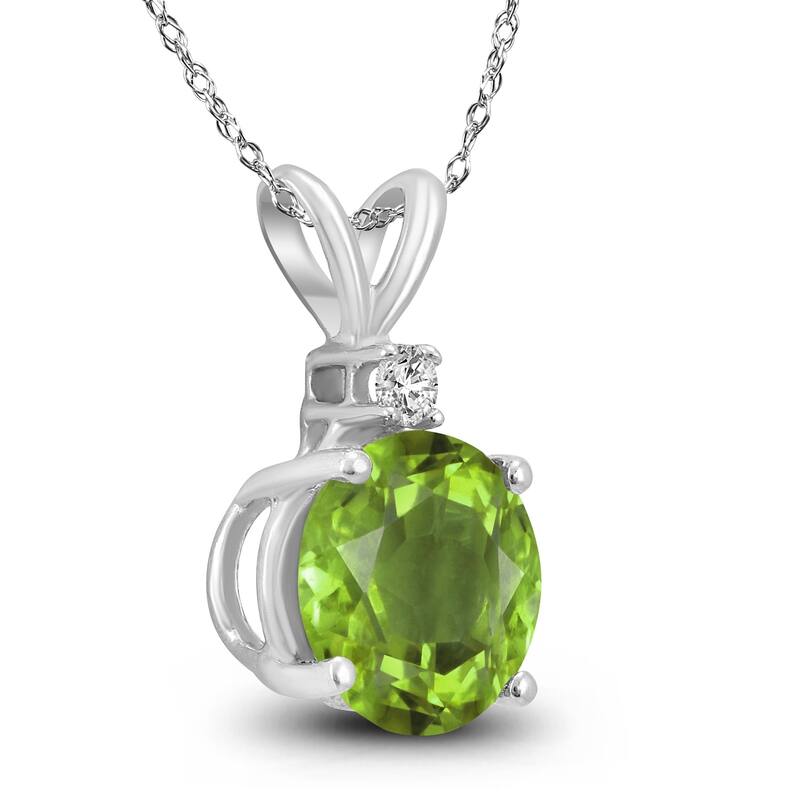 14K White Gold 7MM Round Peridot and Diamond Pendant