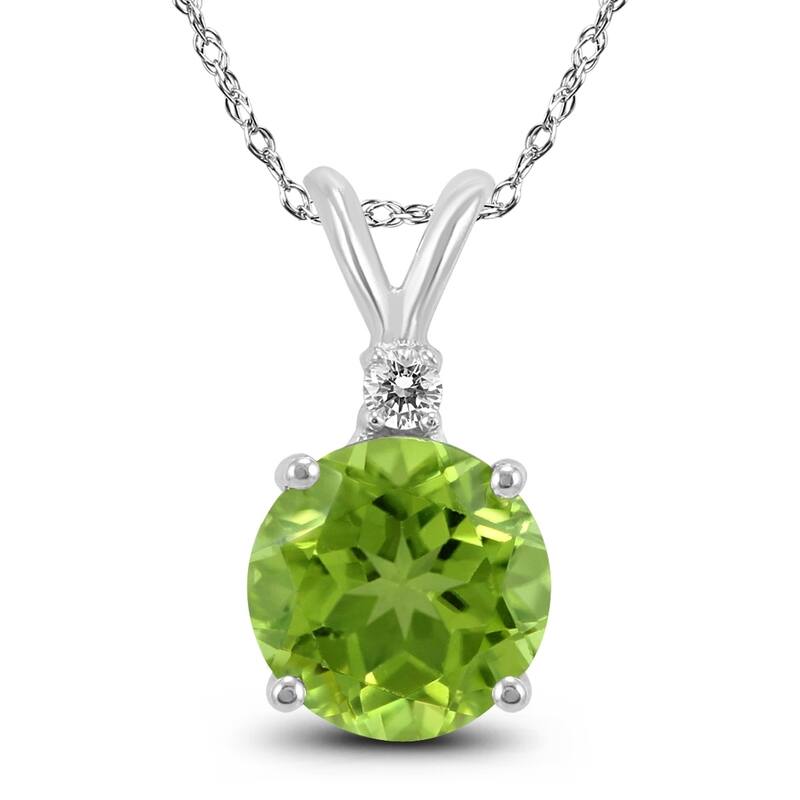 14K White Gold 7MM Round Peridot and Diamond Pendant