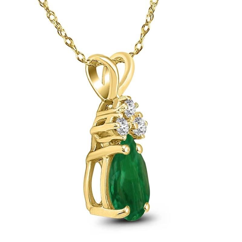 14K Yellow Gold 6x4MM Pear Emerald and Diamond Pendant