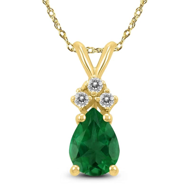 14K Yellow Gold 6x4MM Pear Emerald and Diamond Pendant