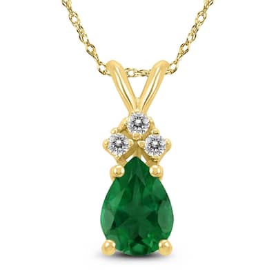 14K Yellow Gold 6x4MM Pear Emerald and Diamond Pendant