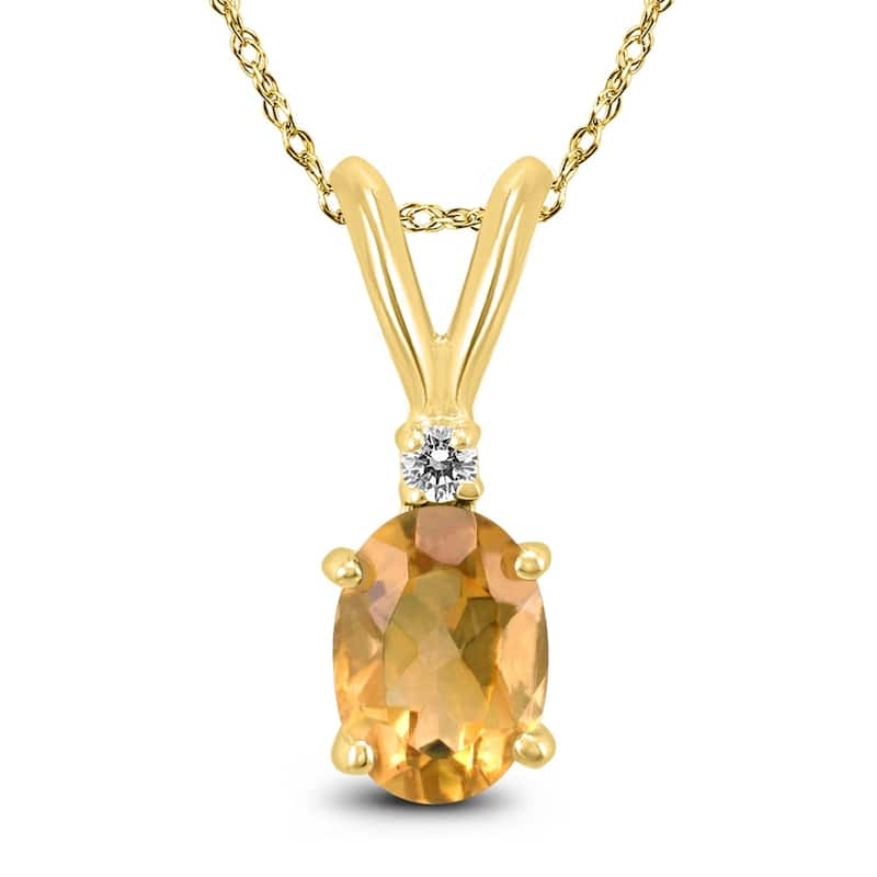 14K Yellow Gold 7x5MM Oval Citrine and Diamond Pendant