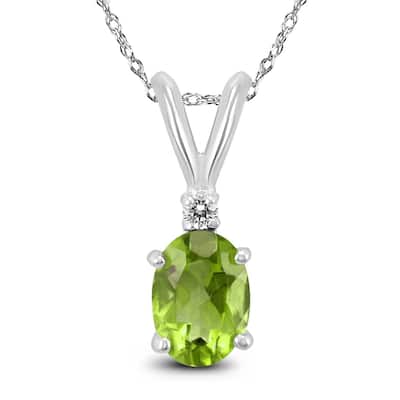 14K White Gold 6x4MM Oval Peridot and Diamond Pendant