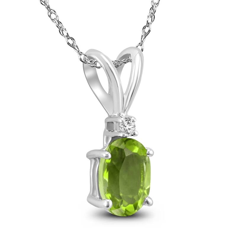 14K White Gold 6x4MM Oval Peridot and Diamond Pendant